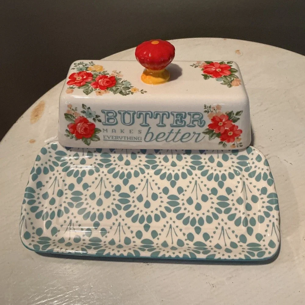 The Pioneer Woman Butter Dish with Lid Floral Rose Red‎ Knob Farmhouse Kitchen